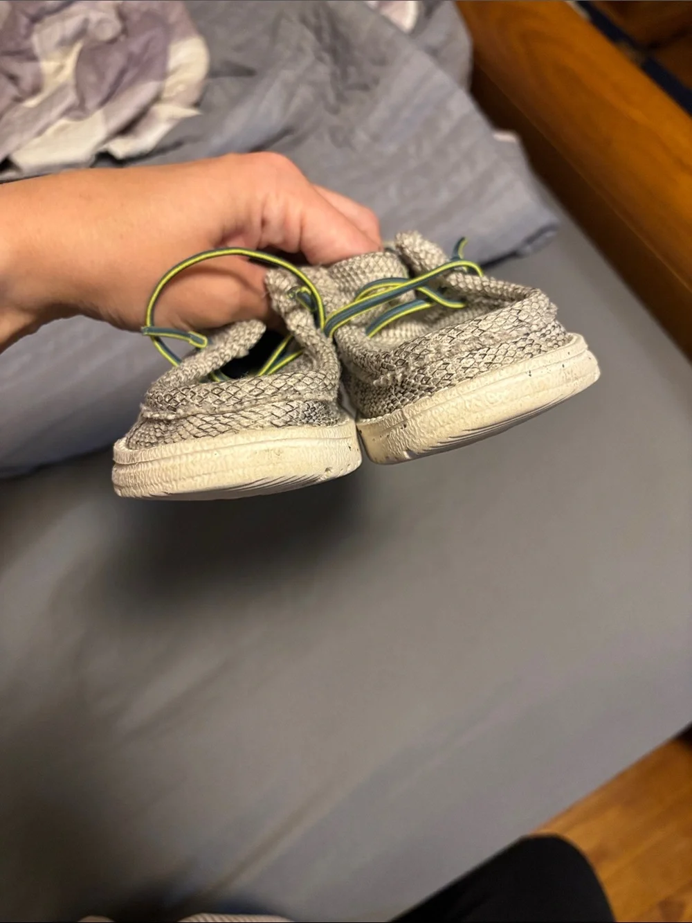 Hey Dude Kids Knit Slip-On Sneakers in Light Gray with Neon Green Accents
